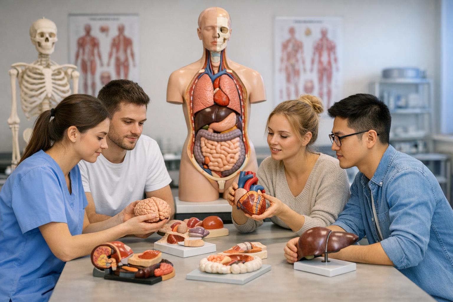 Zdjęcie sali ćwiczeń z modelami anatomicznymi: studenci pracujący przy stole z modelami narządów i szkieletem