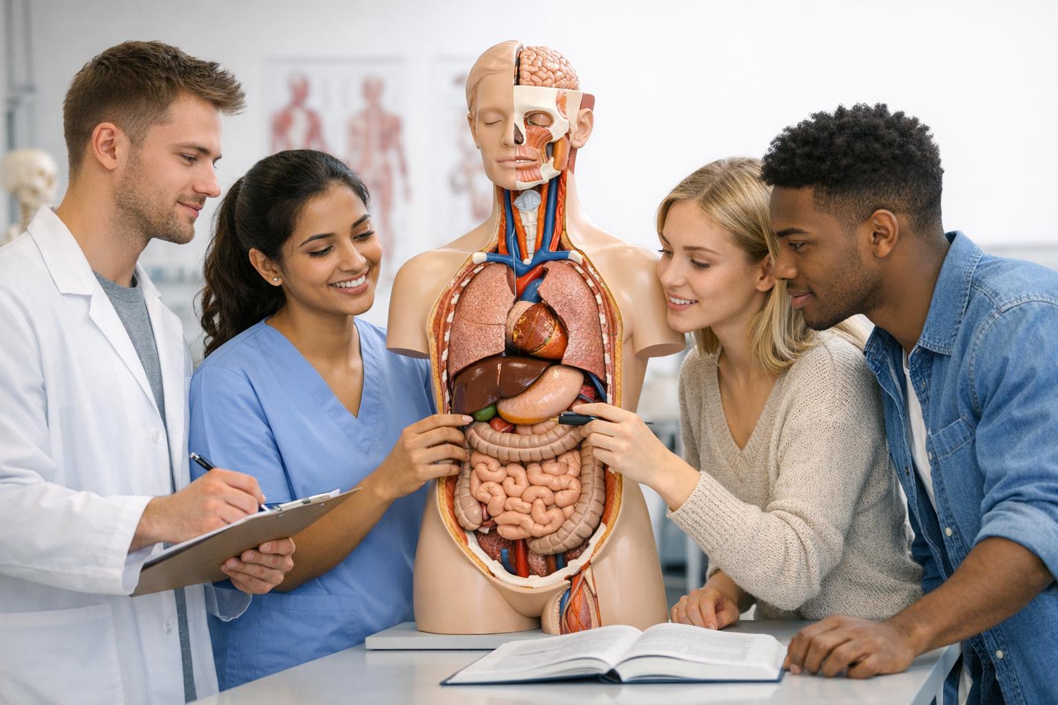 Grupa studentów pracujących z modelem anatomicznym podczas ćwiczeń